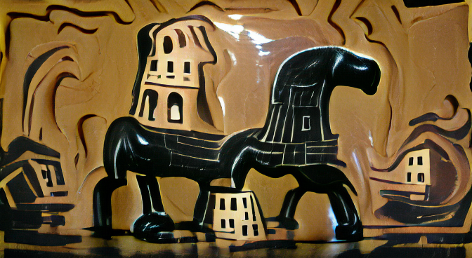 trojan horse with one head in the Greek black-figure style on a ceramic background