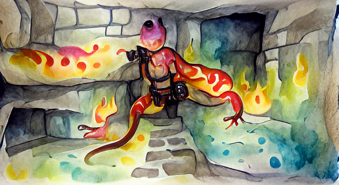 fire-breathing salamander adventurer in a dungeon as a watercolor