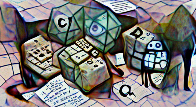 illustration of dice, computer program, symbols in a cubist style