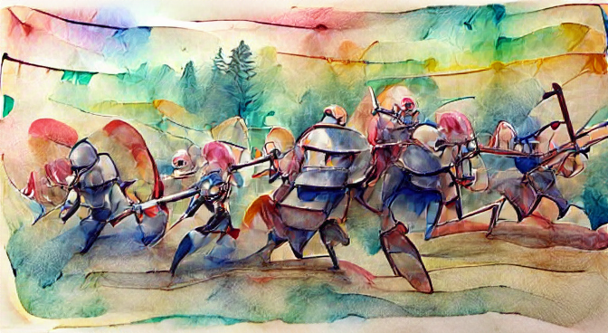 medieval warriors charging into battle as a watercolor