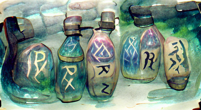 potion bottles inscribed with runes as a watercolor