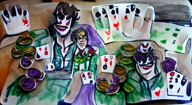 a hand holding five cards ace king queen jack joker with poker chips on the table