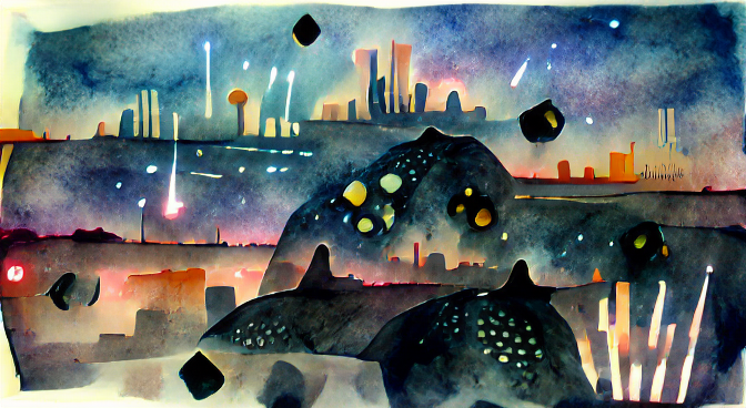 asteroids and falling stars over a silhouetted horizon of a science fiction city