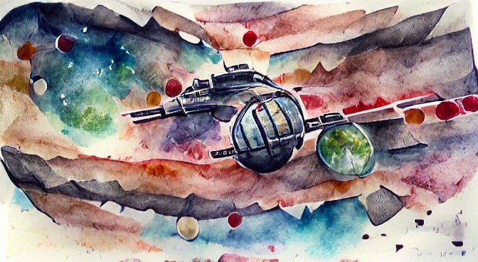 battlestar orbiting earth in outer space as a watercolor