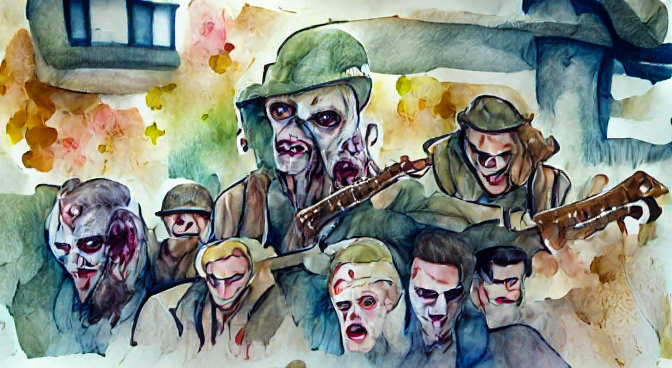 ww2 band of brothers with zombies as a watercolor