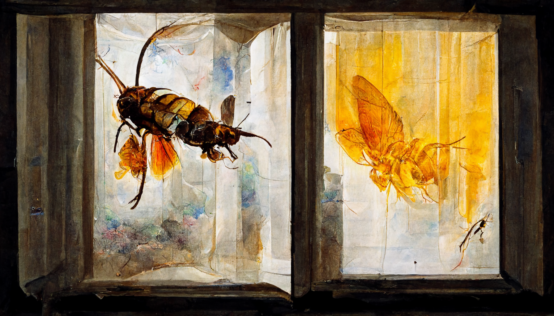 a giant hornet buzzing against the inside of a curtained window