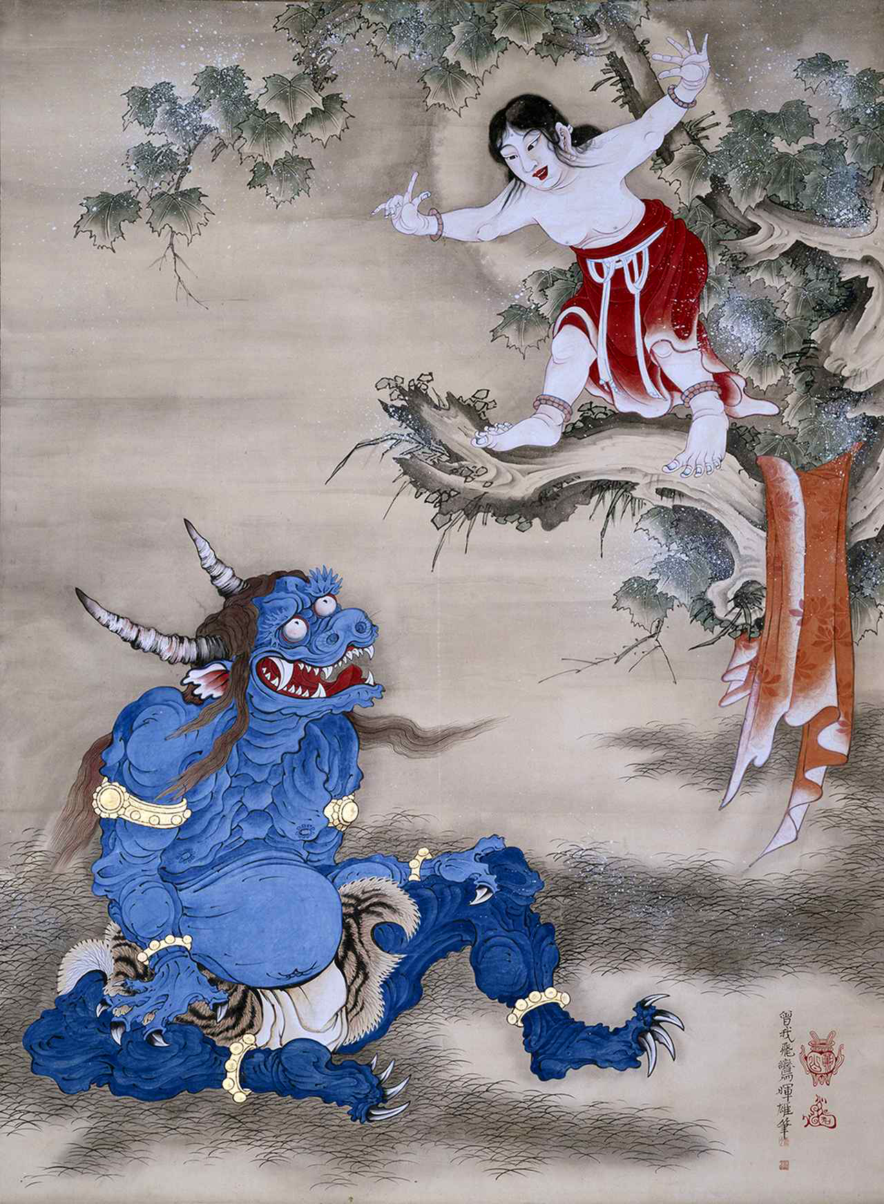 Sessen Doji Offering His Life to an Ogre (Japanese Oni), hanging scroll, color on paper, 1764