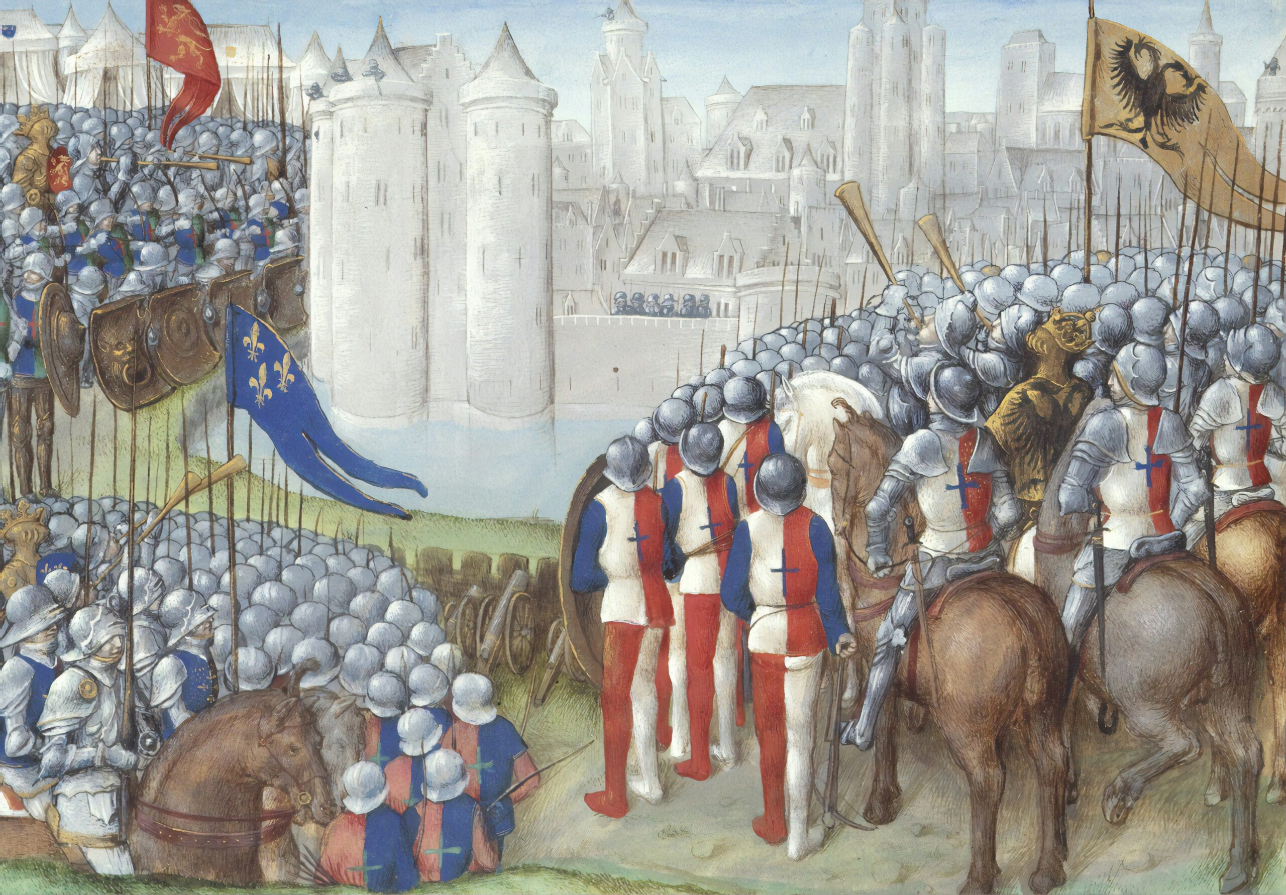 Siege of Damascus during the Second Crusade, 1148; with the armies of King Baldwin III of Jerusalem, King Louis VII of France, and right, Emperor Conrad III of Germany, Image taken from Chronique d'Ernoul et de Bernard le Trésorier. Originally published/produced in S. Netherlands (Bruges); late 15th century - British Library