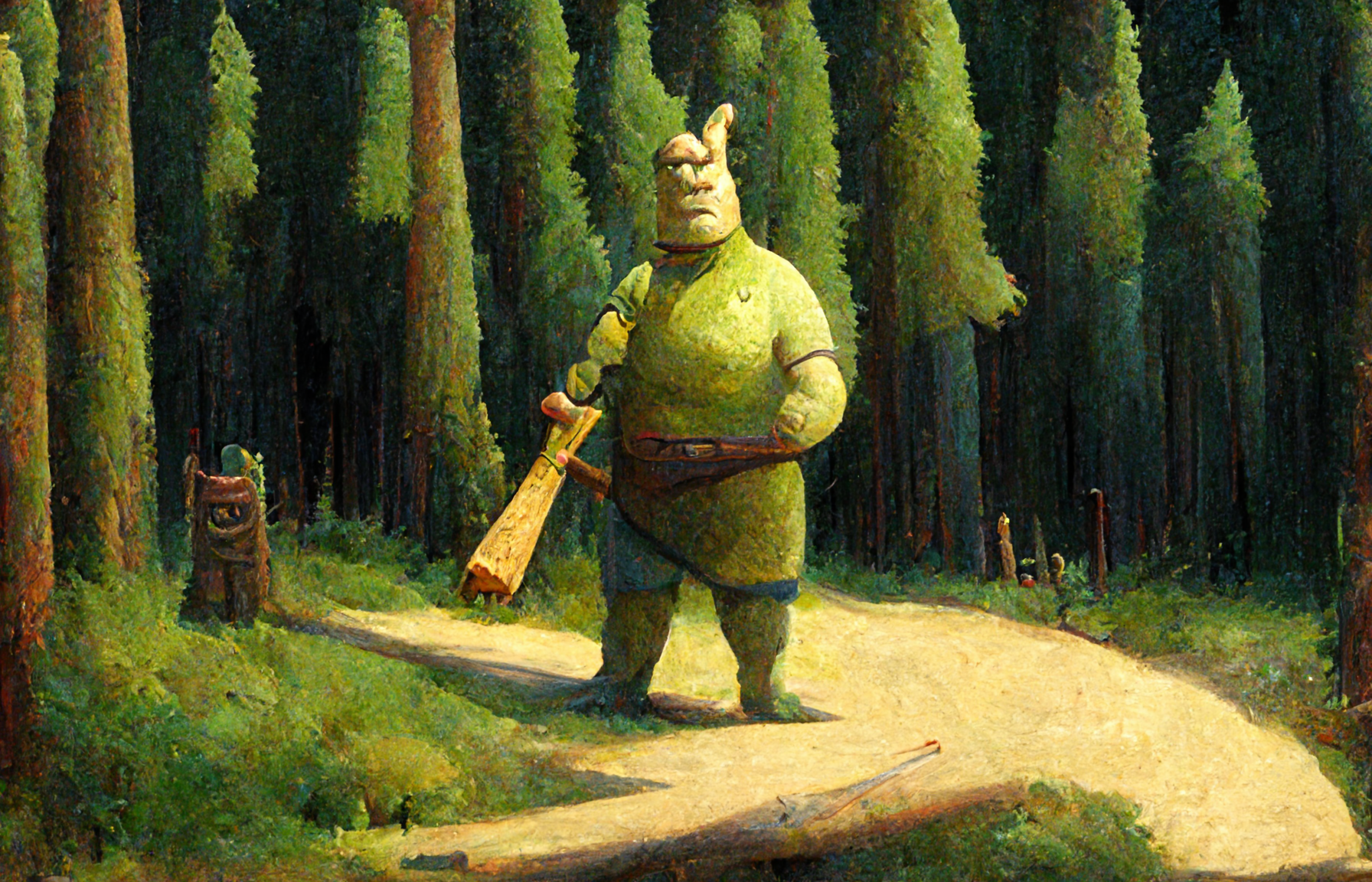 ogre holding a long wooden club on a path among pines