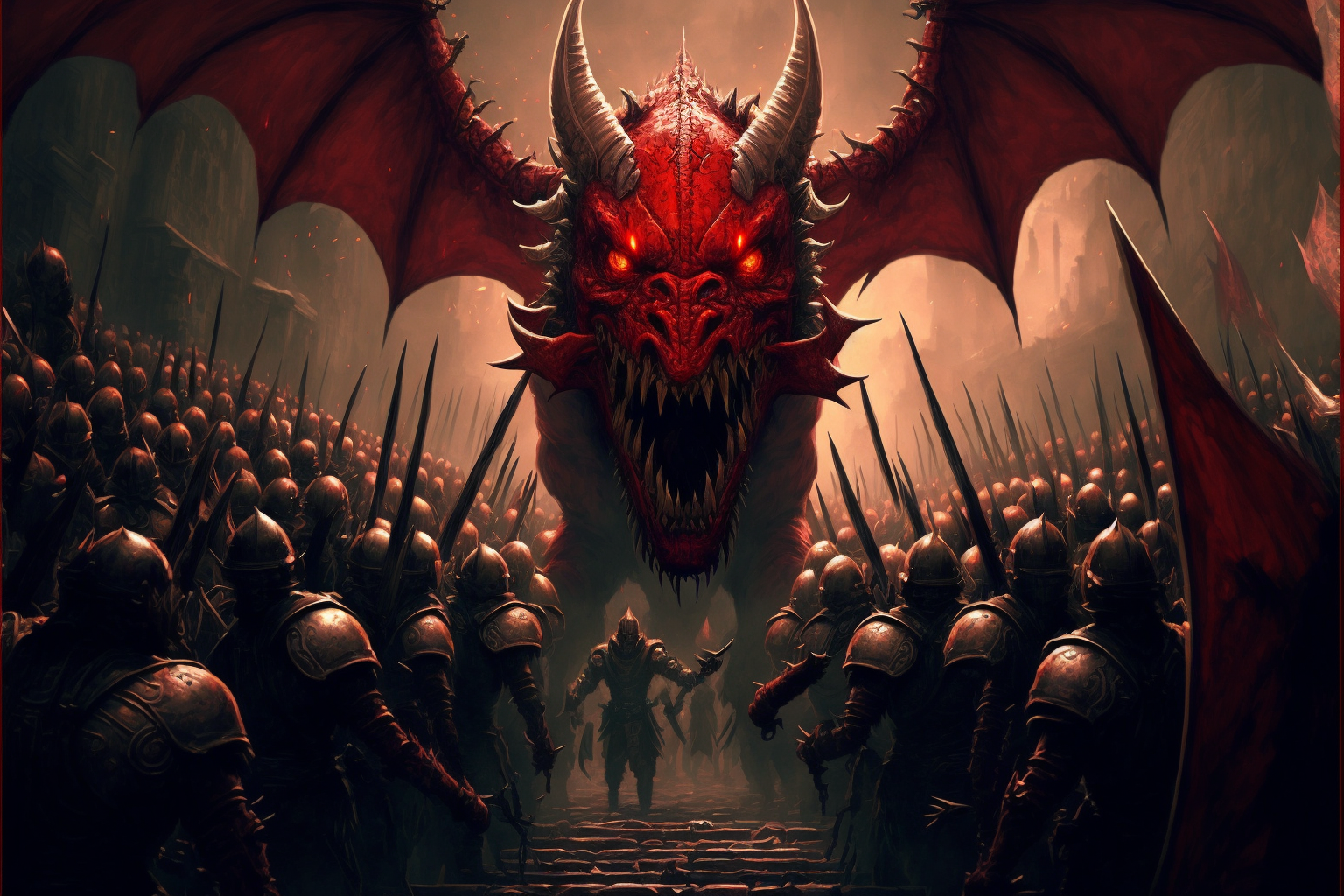 a red dragon surrounded on all sides by an army of orcs