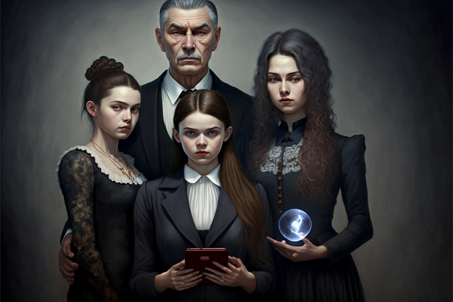 family portrait with a stern father in a 3-piece suit wearing a cross, his middle-aged wife a witch holding a dictionary, a teen daughter with a smartphone and a crystal ball