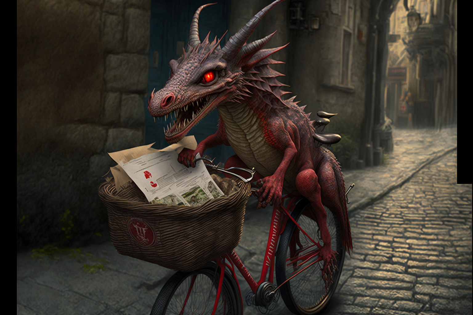 red dragon delivering a basket of newspapers on a bicycle