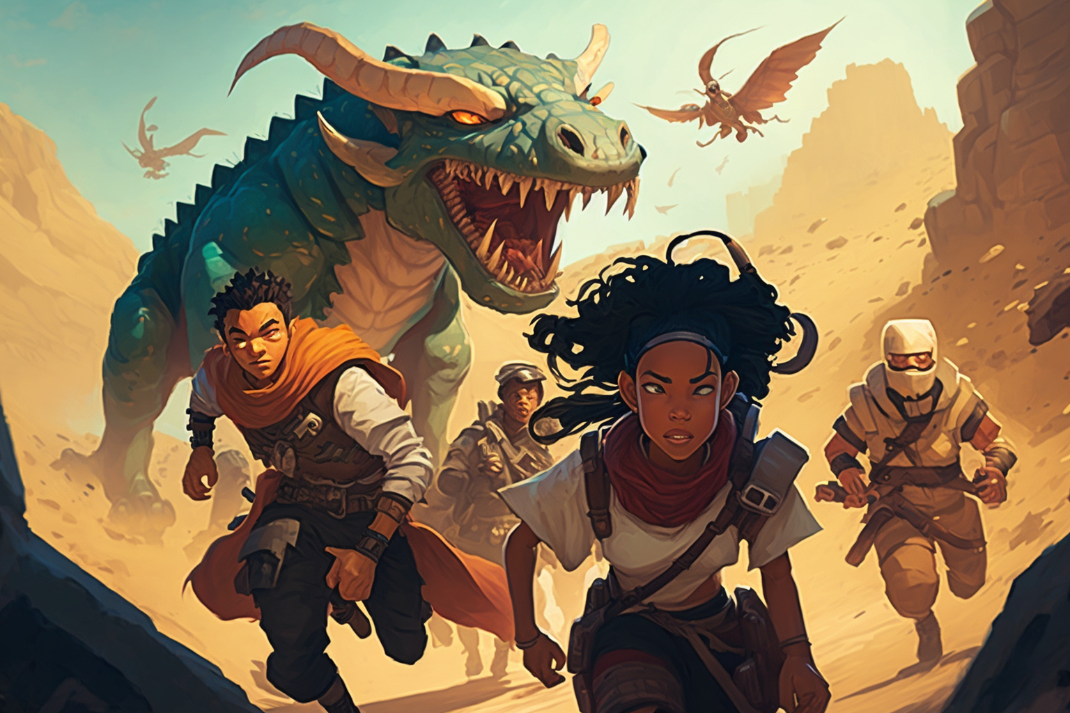 a band of rpg adventurers in the foreground running towards us, a dragon in the background