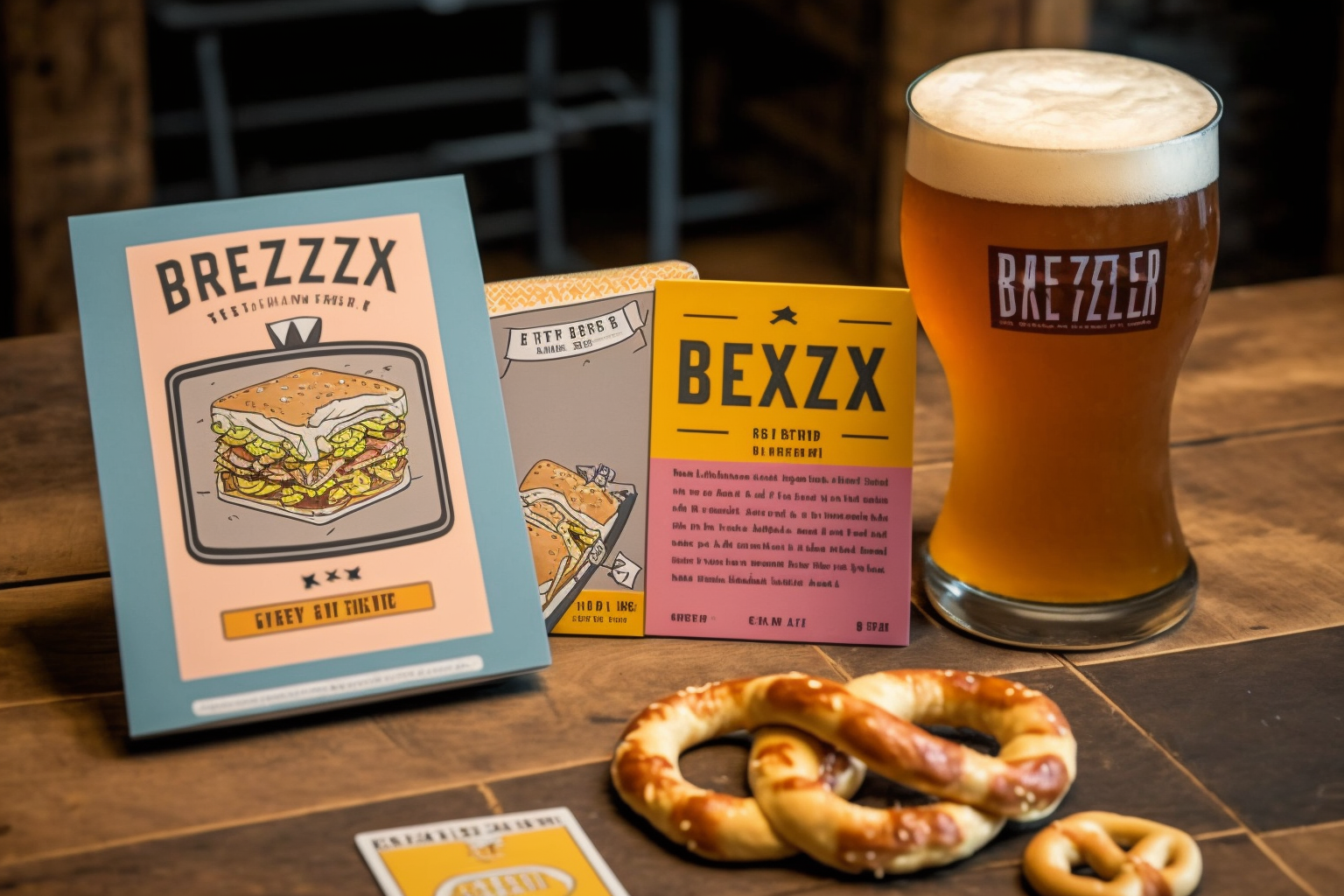beer and giant pretzel and fluxx cards