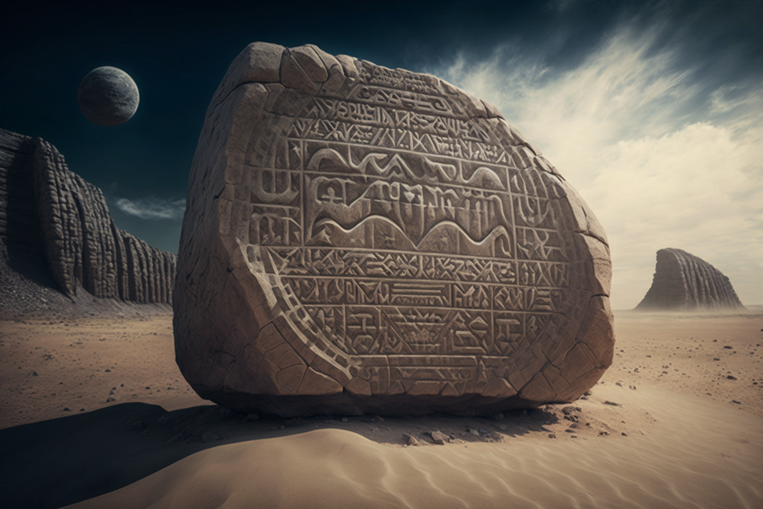 extraterrestrial Rosetta Stone on desert planet