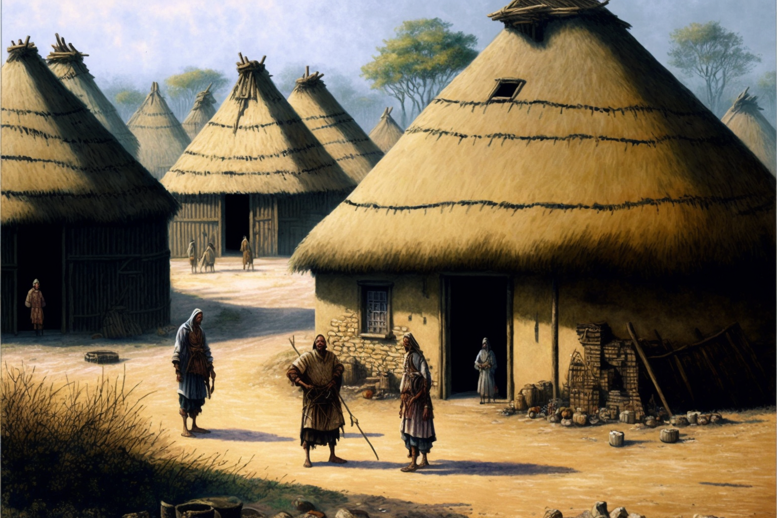 villagers in front of thatched huts in a stone-age