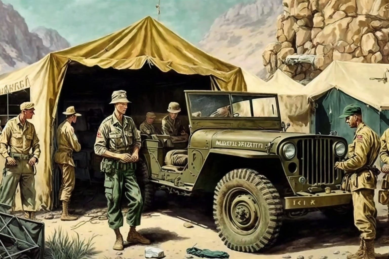 1950s Army nurses doctors and corpsmen loading a jeep in a front of a tent in Korea