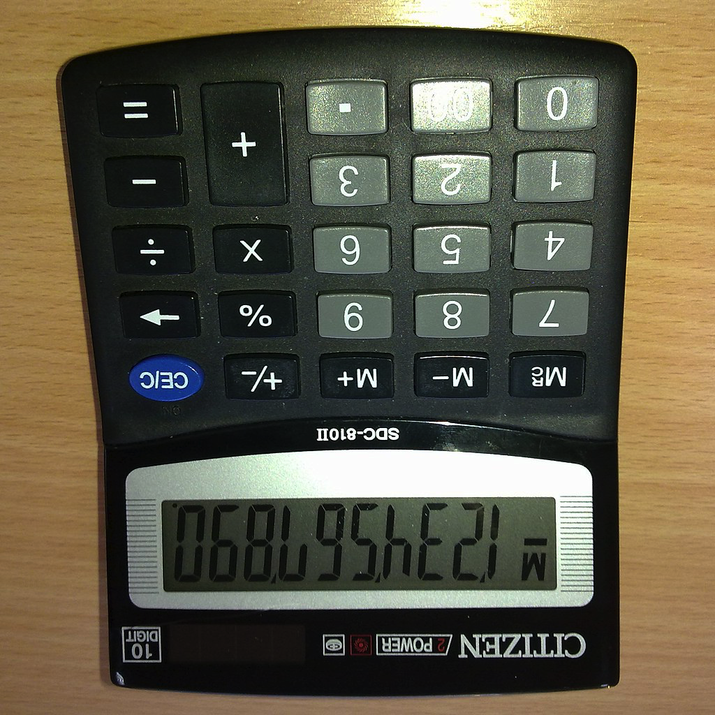 Calculator reading 0123456789, upside down