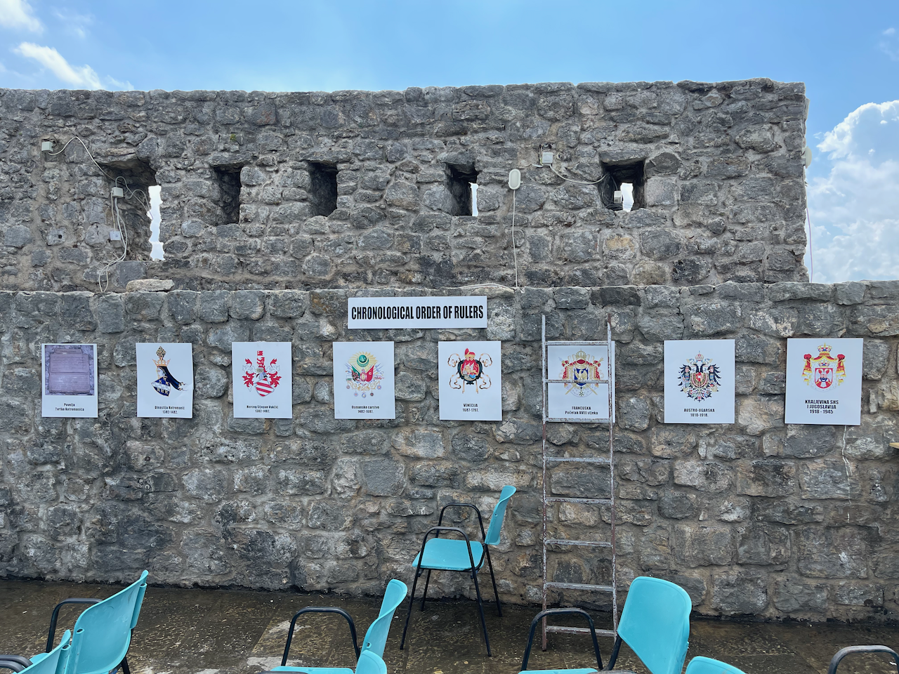 castle wall with 8 signs in a timeline, showing different empires