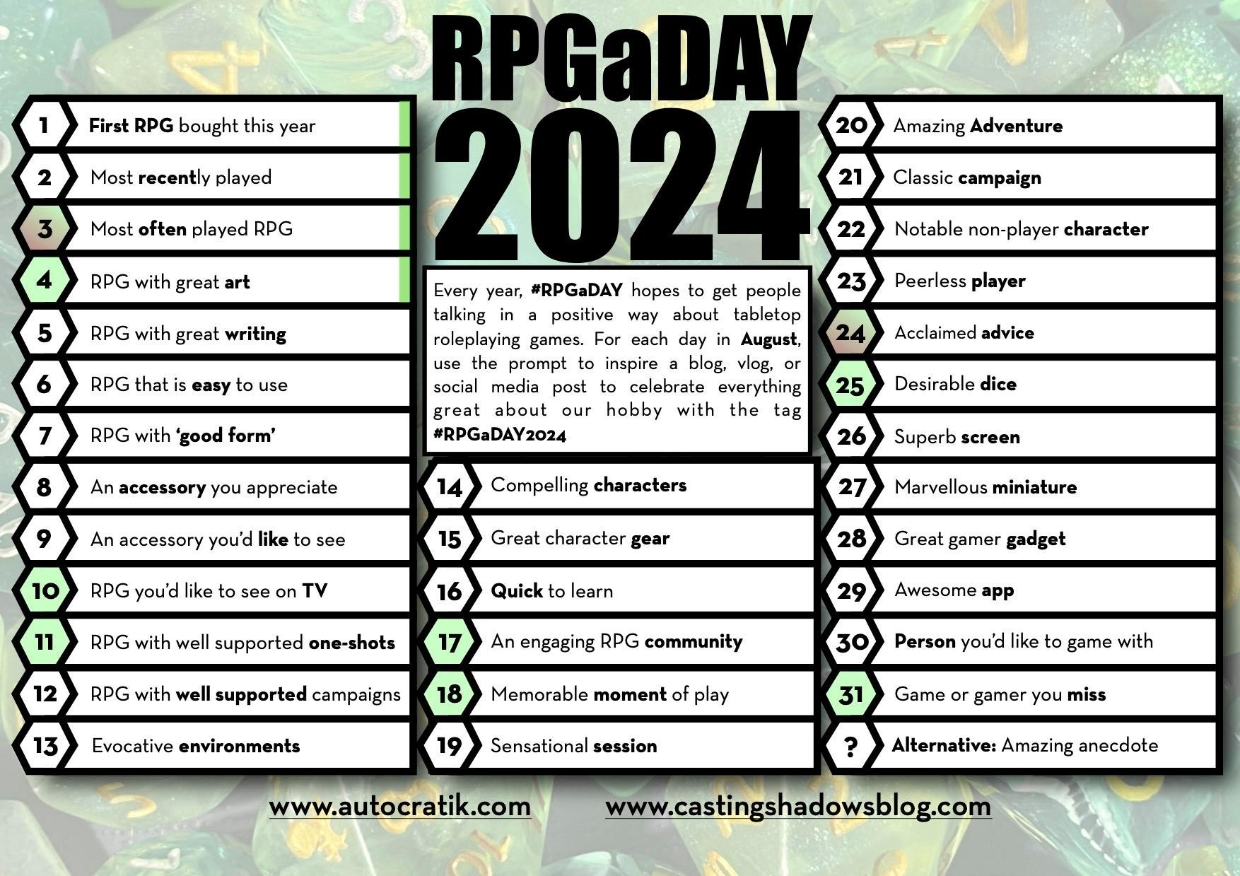 RPG-a-Day 2024 calendar, see accompanying article for themes for each day (in bold)