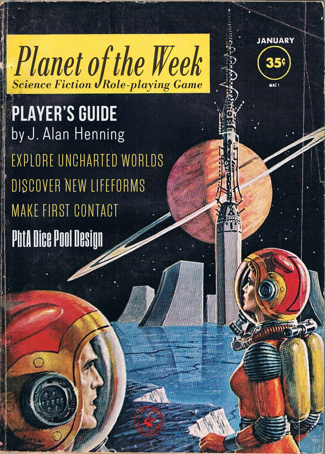 Planet of the Week cover, in the style of an Astounding Stories magazine cover, with two astronauts gazing at a city on an ice moon orbiting a gas giant with rings