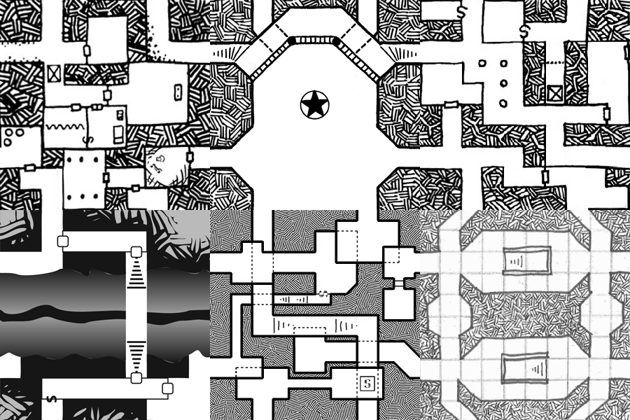 6 dungeon geomorph tiles arranged to form a dungeon