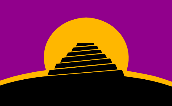 The Conlang Flag: A purple flag of a black Tower of Babel against a yellow rising sun