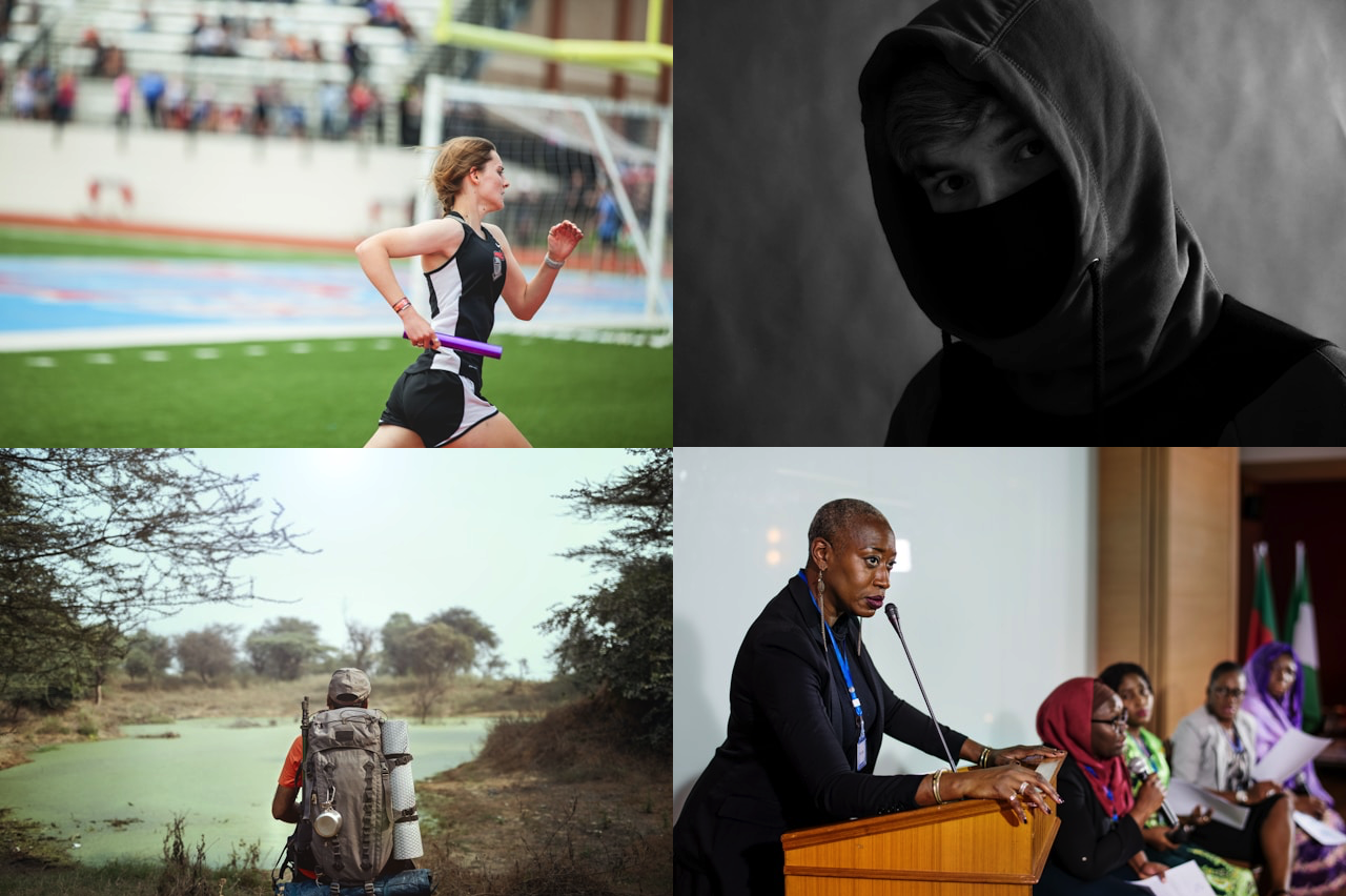 relay race runner, hooded thief, backpacker, woman at podium