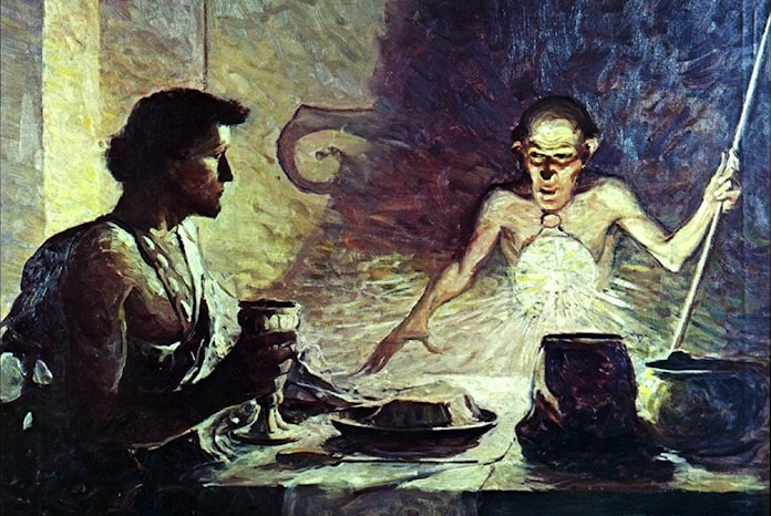 John Carter talks to the old man at the atmosphere factory on Mars