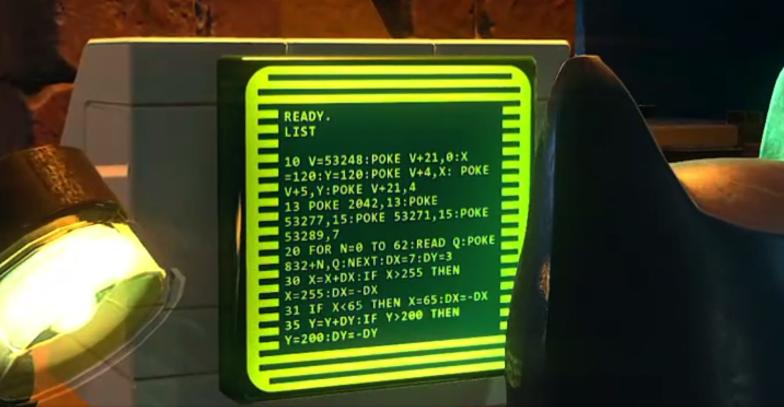 BASIC program listing in a LEGO Batman screen capture