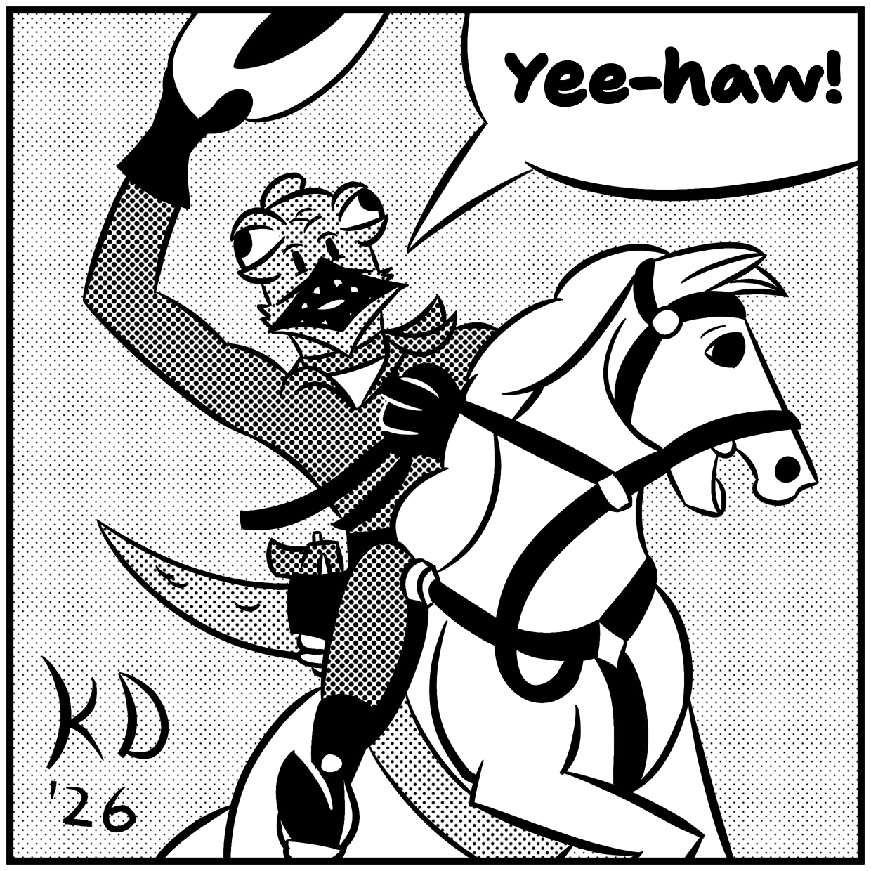 A crew person disguised as a giant lizard, riding a horse, waving a cowboy hat, yelling "Yee-haw!"